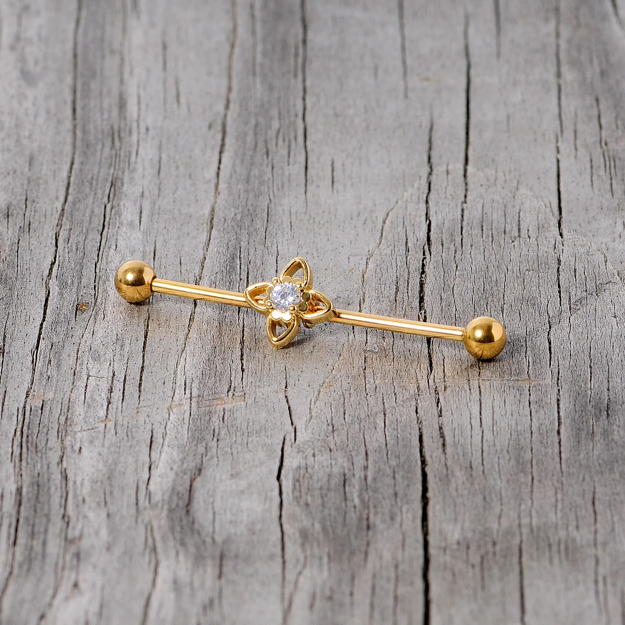 14 Gauge Clear CZ Gem Gold Tone Open Flower Industrial Barbell 38mm