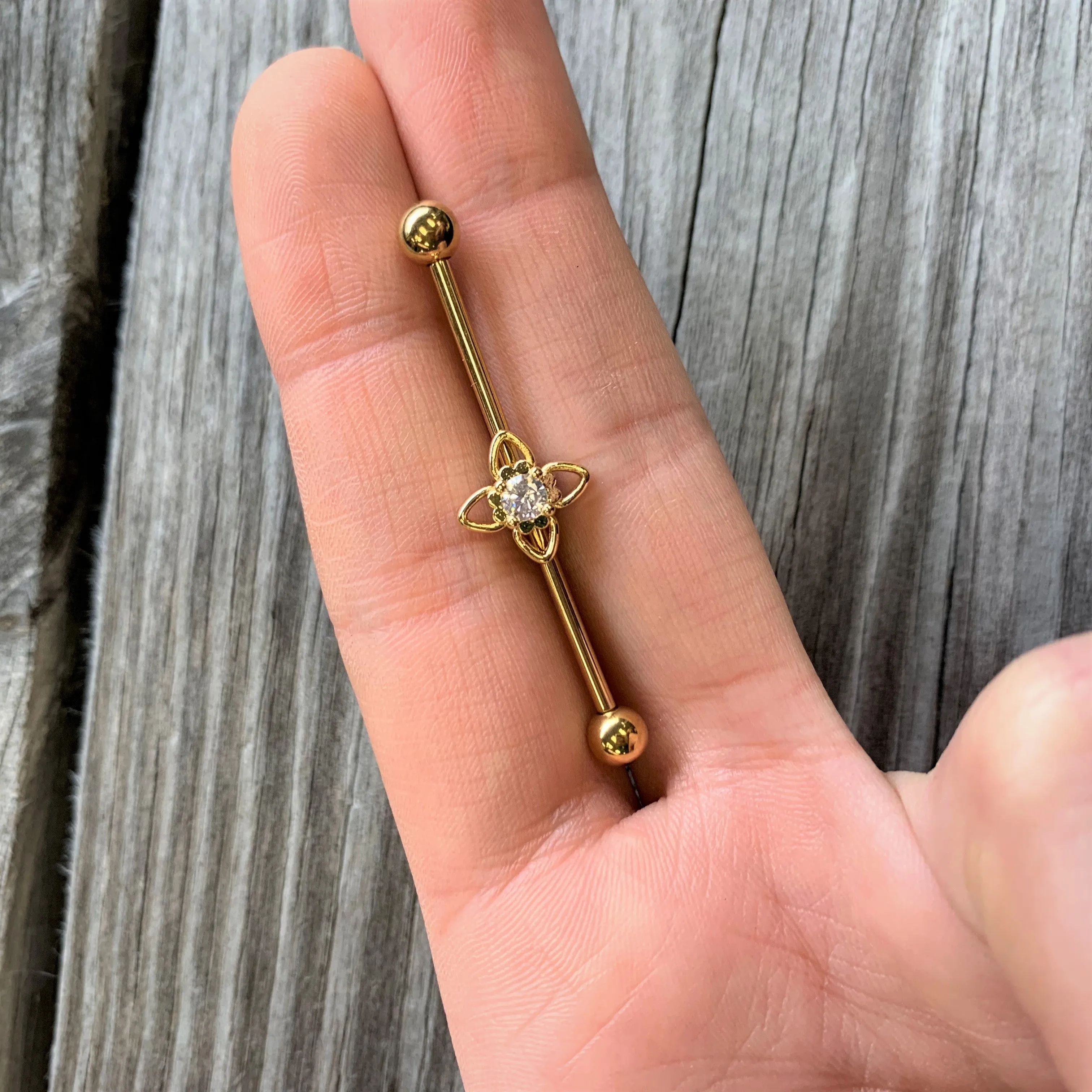14 Gauge Clear CZ Gem Gold Tone Open Flower Industrial Barbell 38mm