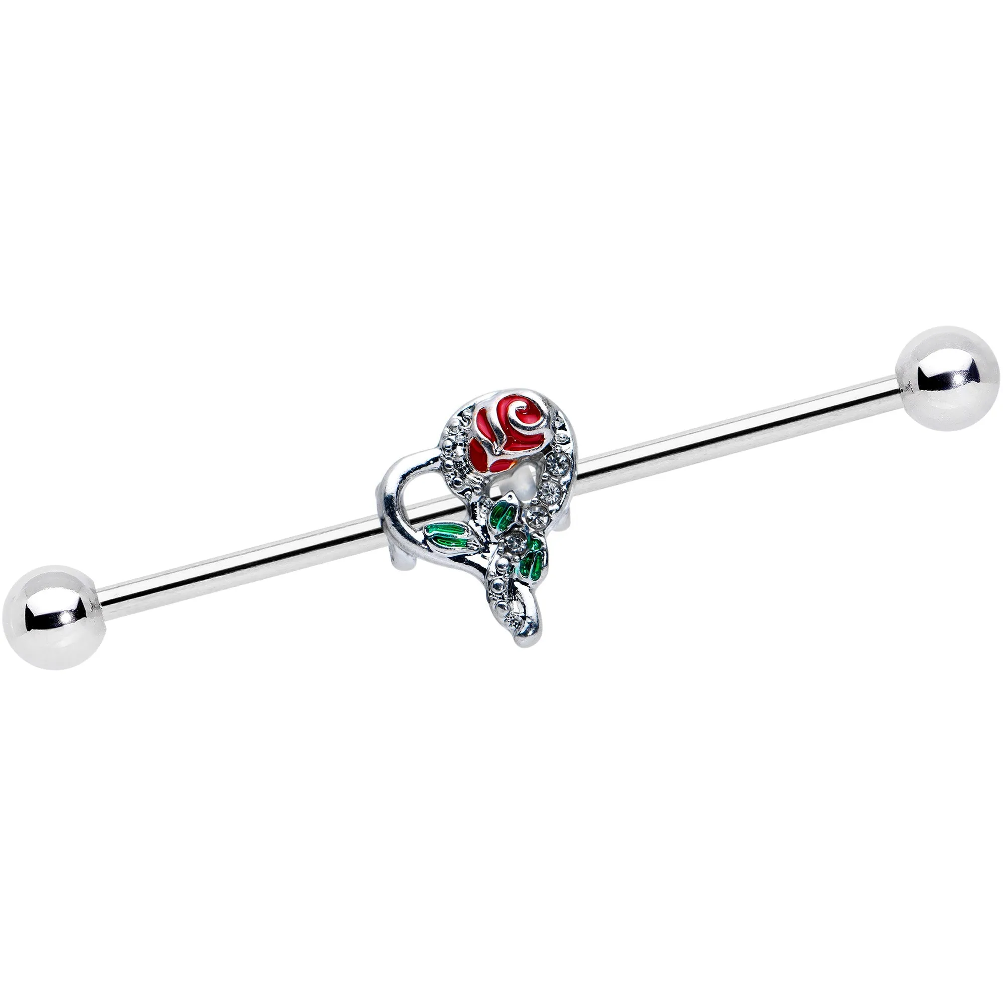 14 Gauge Clear Gem Rose Heart Valentines Day Industrial Barbell 38mm