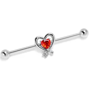 14 Gauge Red CZ Gem Wrapped in Heart Industrial Barbell 38mm
