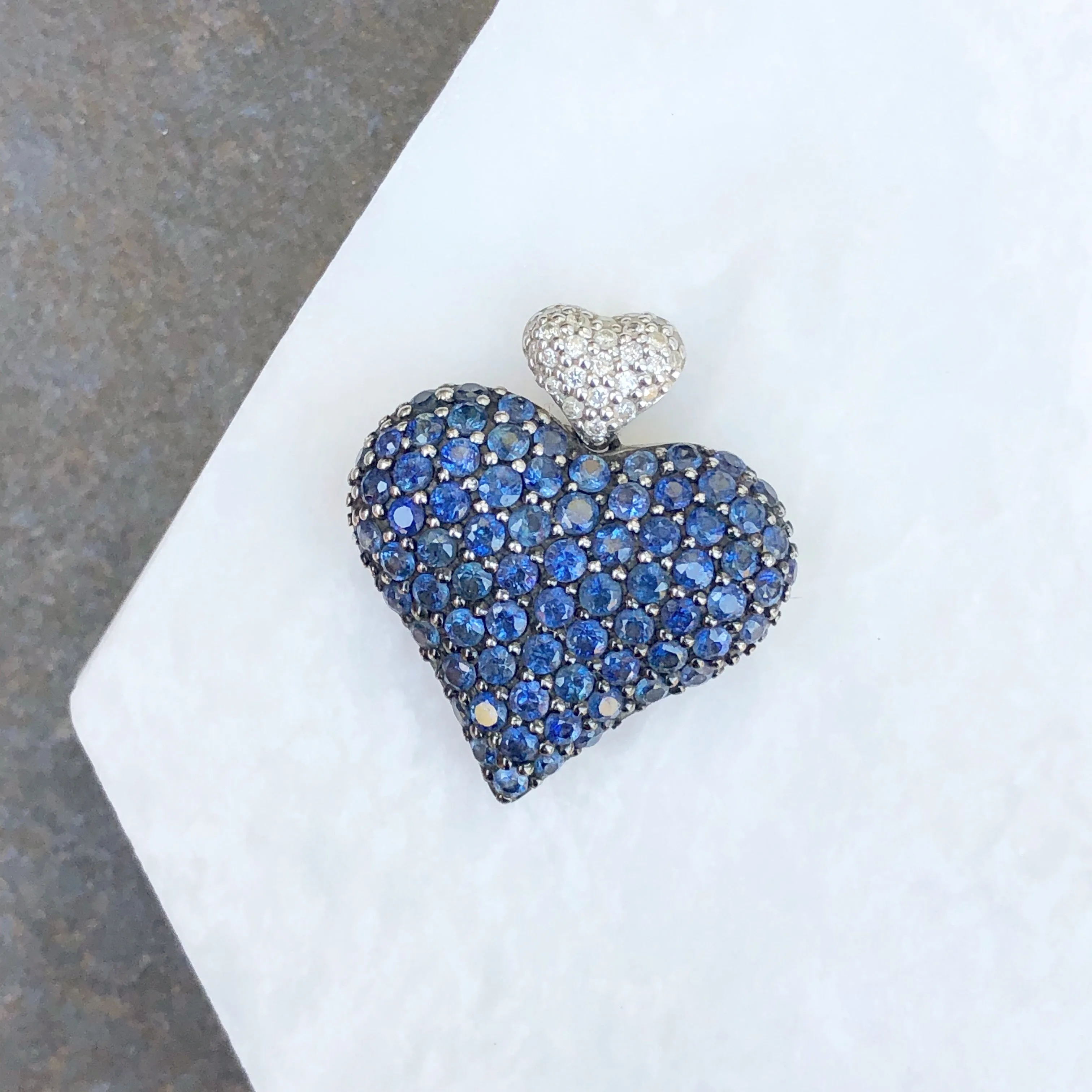 14KT White Gold Pave Diamond   Blue Sapphire Heart Pendant