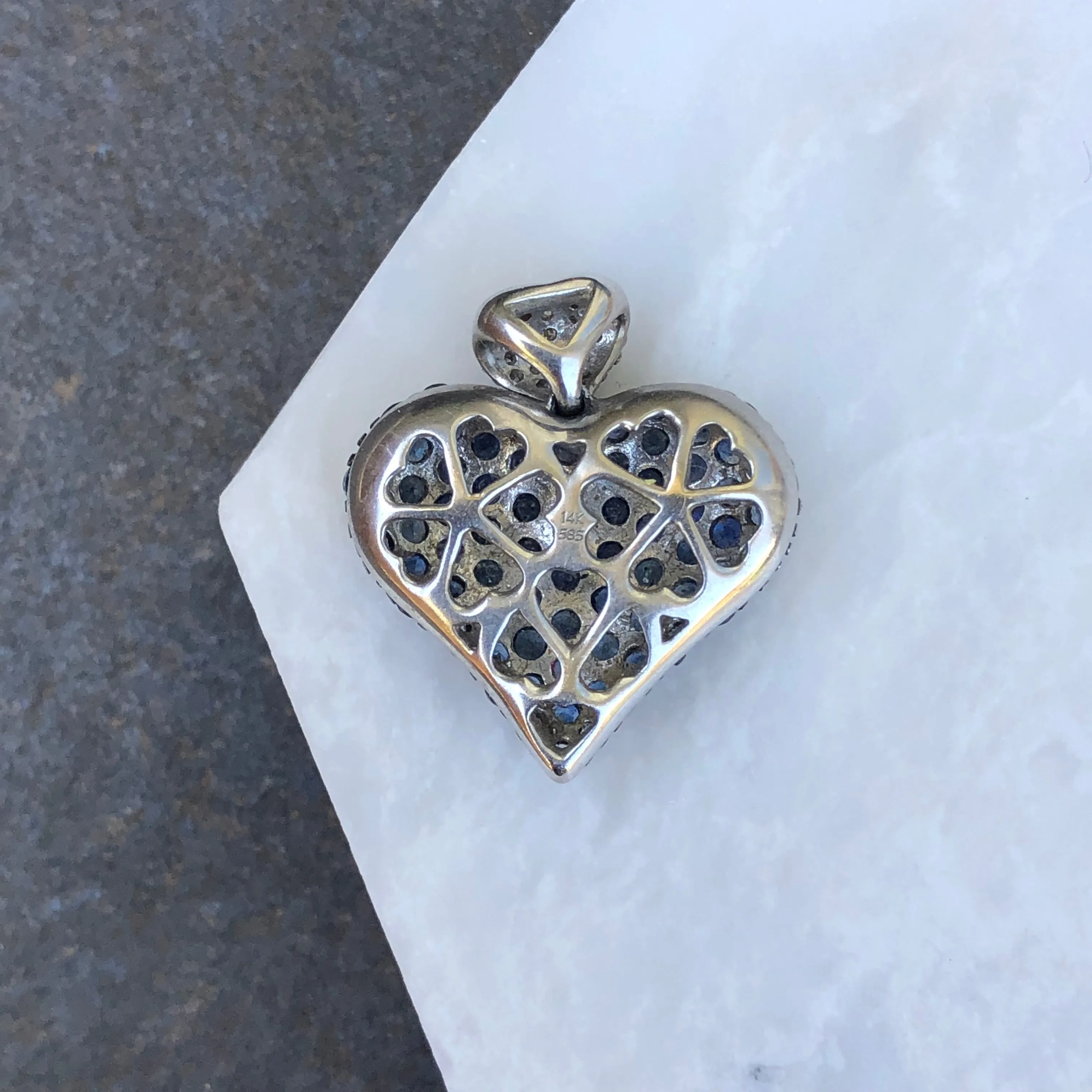 14KT White Gold Pave Diamond   Blue Sapphire Heart Pendant