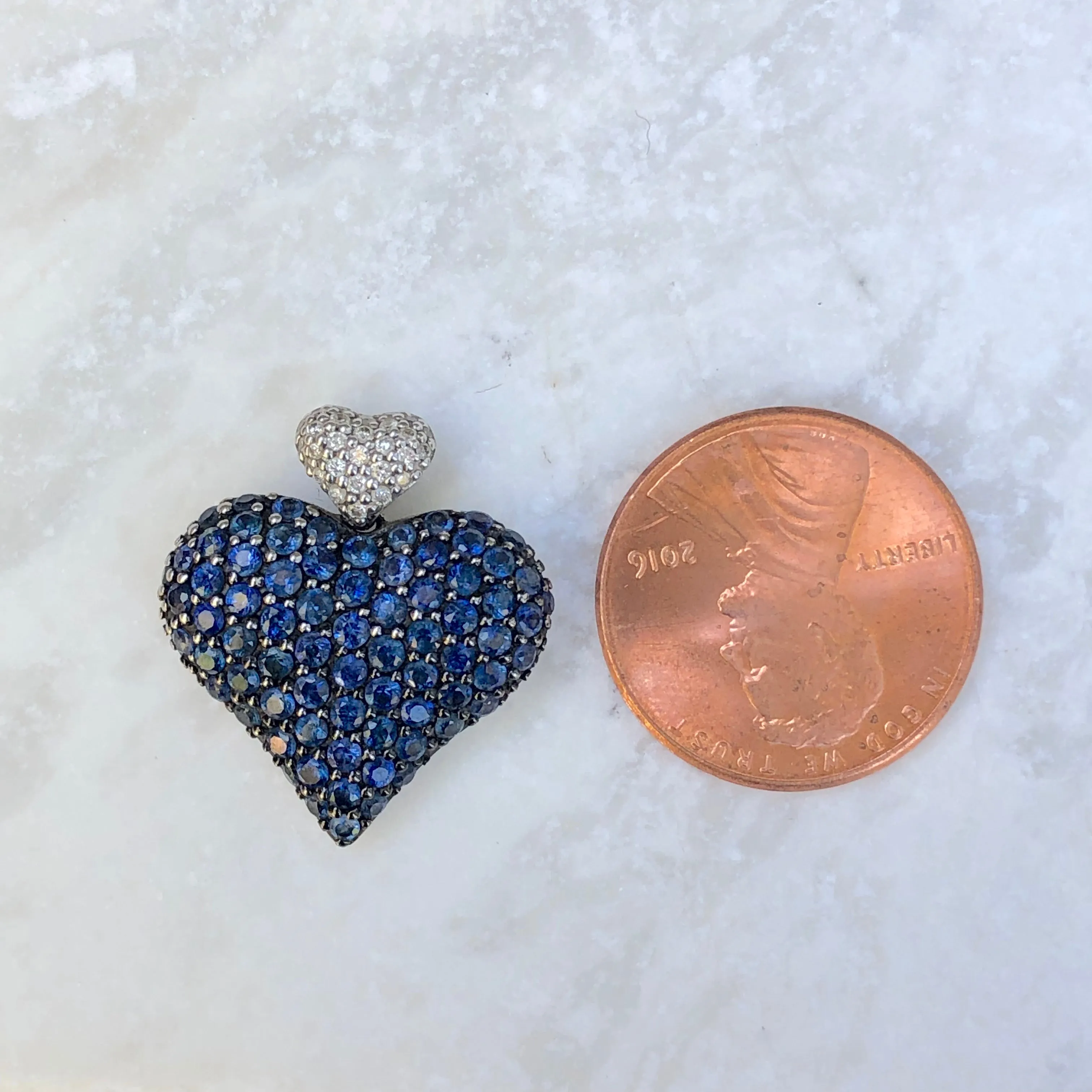 14KT White Gold Pave Diamond   Blue Sapphire Heart Pendant
