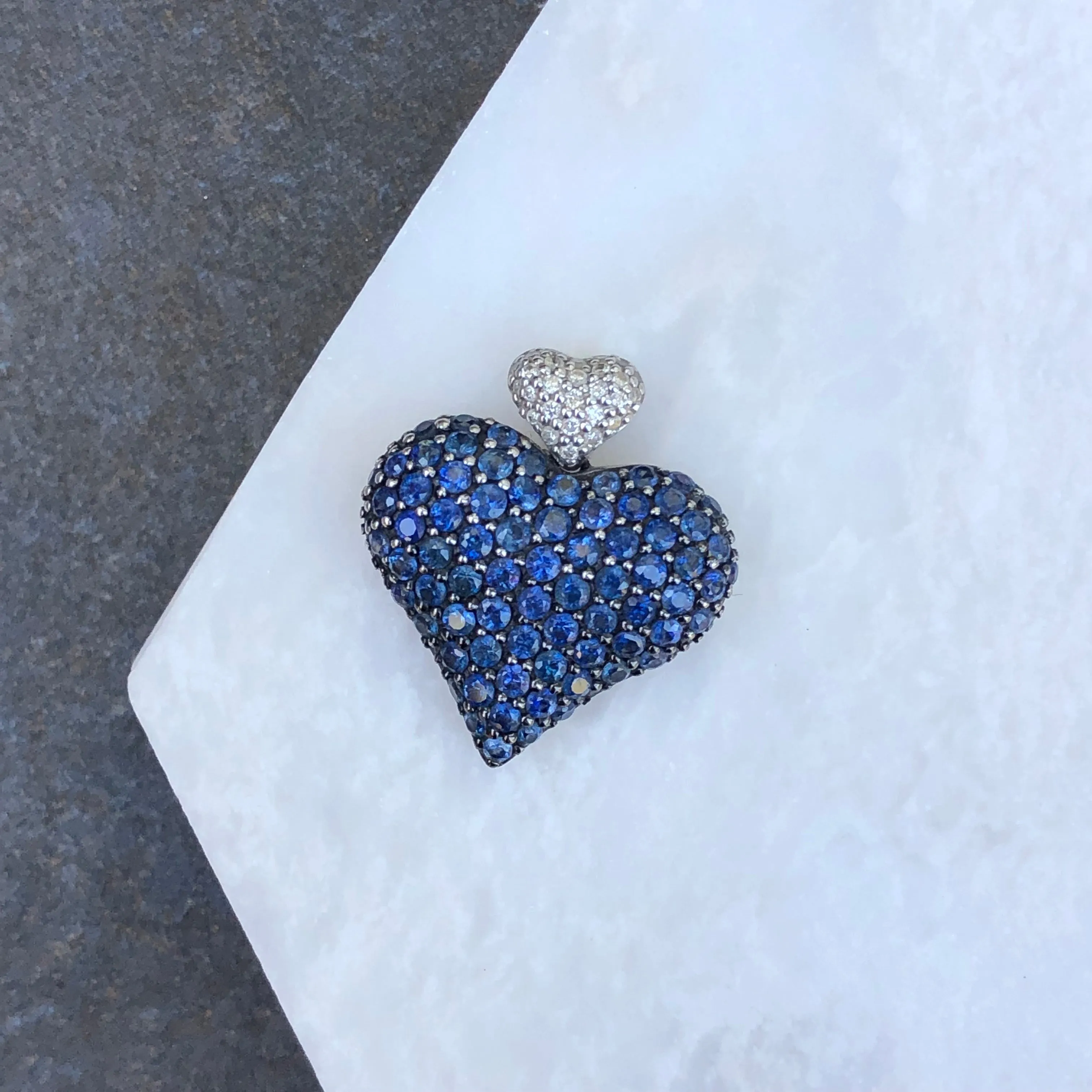 14KT White Gold Pave Diamond   Blue Sapphire Heart Pendant