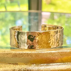 14KT Yellow Gold Hammered Cuff Bangle Bracelet 19mm