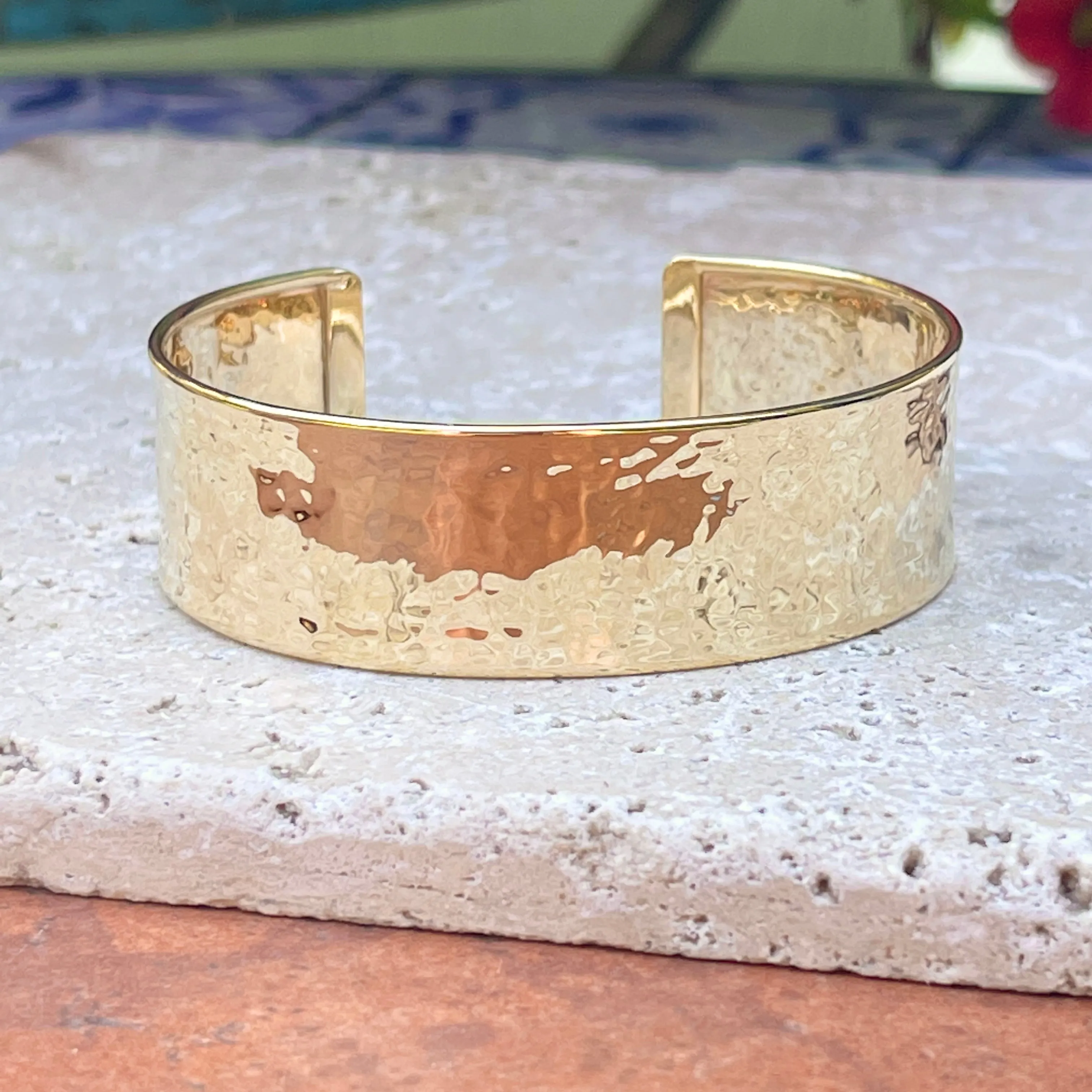 14KT Yellow Gold Hammered Cuff Bangle Bracelet 19mm