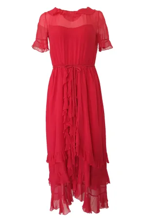 1970s Bill Blass Feather Light Red Ruffled Tiered Skirt Silk Chiffon Dress