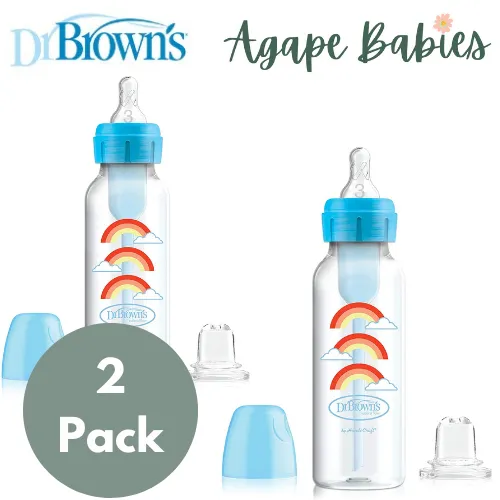 [2-Pack] Dr Brown's 8 oz/250 ml PP Narrow-Neck "Options " Transition Bottle W/ Sippy Spout - Blue