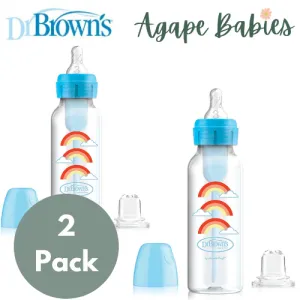 [2-Pack] Dr Brown's 8 oz/250 ml PP Narrow-Neck "Options " Transition Bottle W/ Sippy Spout - Blue