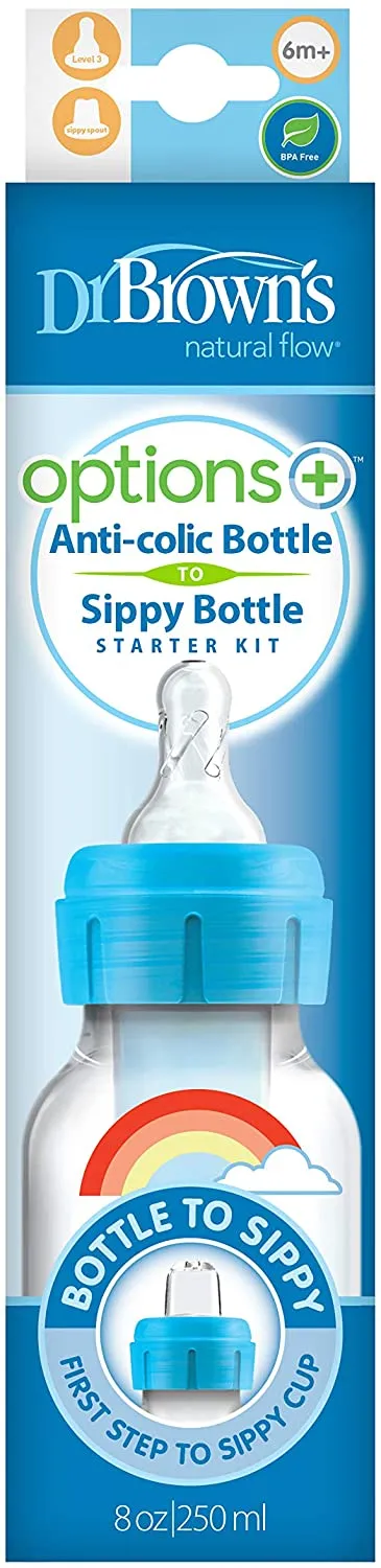 [2-Pack] Dr Brown's 8 oz/250 ml PP Narrow-Neck "Options " Transition Bottle W/ Sippy Spout - Blue