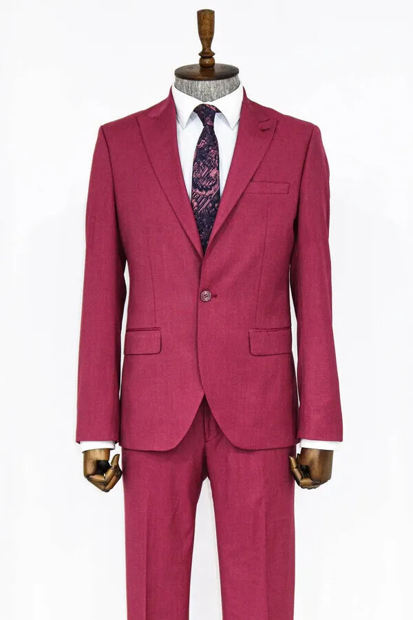2 Piece Patterned Slim Fit Magenta Men Suit - Wessi