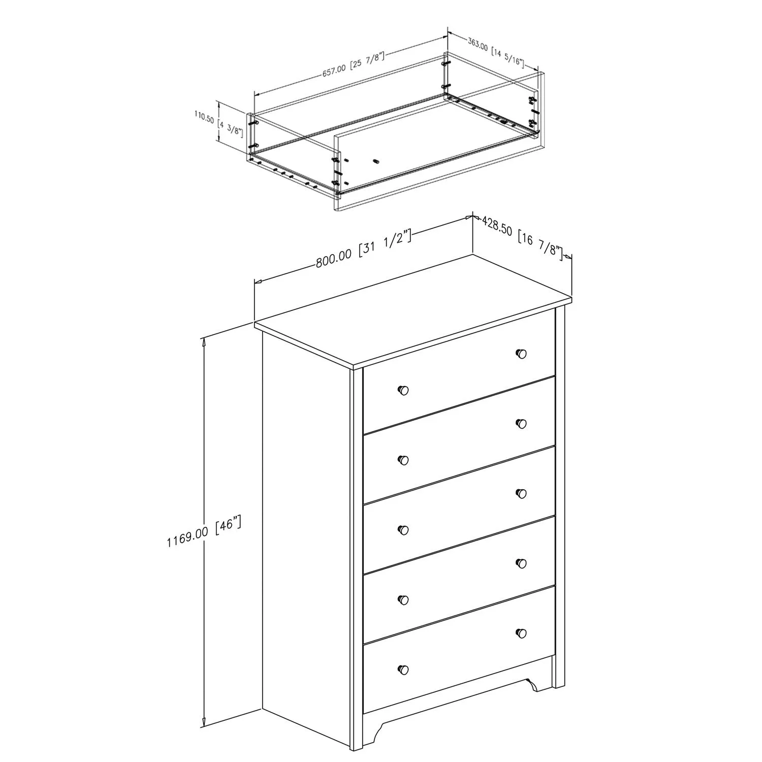 5-Drawer Bedroom Chest in Black Wood Finish and Nickle Finish Knobs