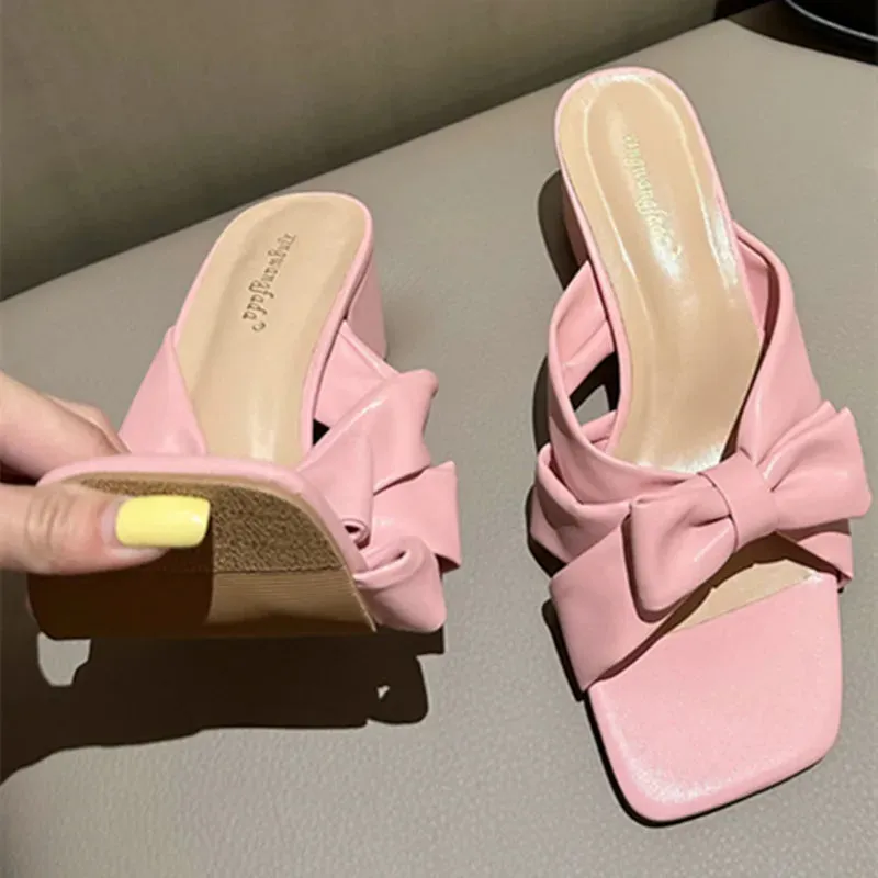 ADVBRIDGE  -  Cute Pink Bow Slippers Women Fashion Square Heel Open Toe Slides Sandals High Quality Patent Leather Cozy Non Slip Summer Shoes