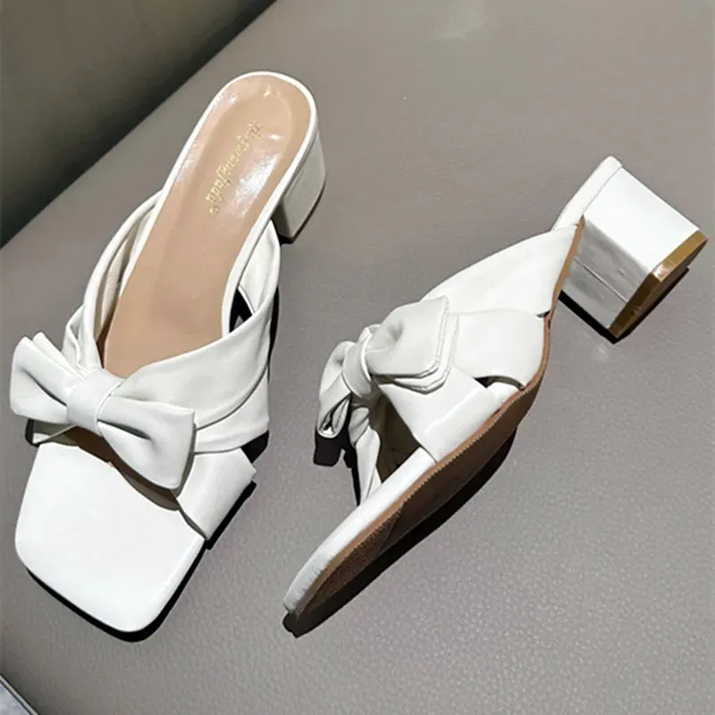 ADVBRIDGE  -  Cute Pink Bow Slippers Women Fashion Square Heel Open Toe Slides Sandals High Quality Patent Leather Cozy Non Slip Summer Shoes
