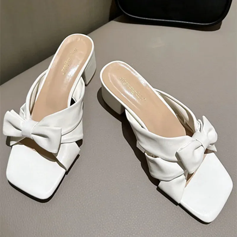 ADVBRIDGE  -  Cute Pink Bow Slippers Women Fashion Square Heel Open Toe Slides Sandals High Quality Patent Leather Cozy Non Slip Summer Shoes