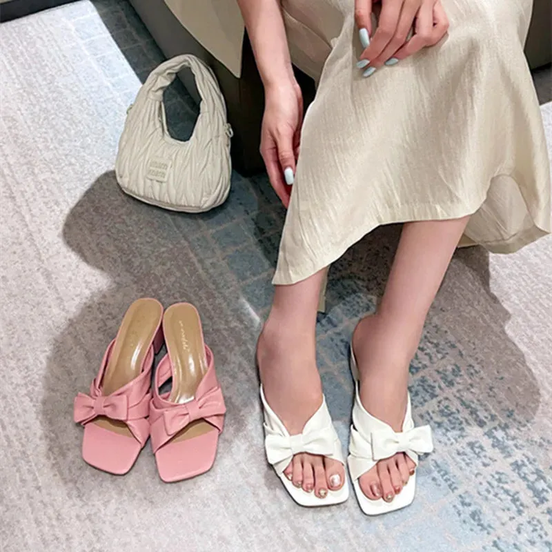 ADVBRIDGE  -  Cute Pink Bow Slippers Women Fashion Square Heel Open Toe Slides Sandals High Quality Patent Leather Cozy Non Slip Summer Shoes