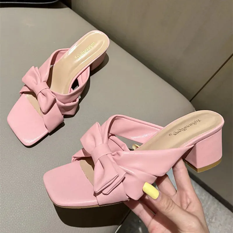 ADVBRIDGE  -  Cute Pink Bow Slippers Women Fashion Square Heel Open Toe Slides Sandals High Quality Patent Leather Cozy Non Slip Summer Shoes