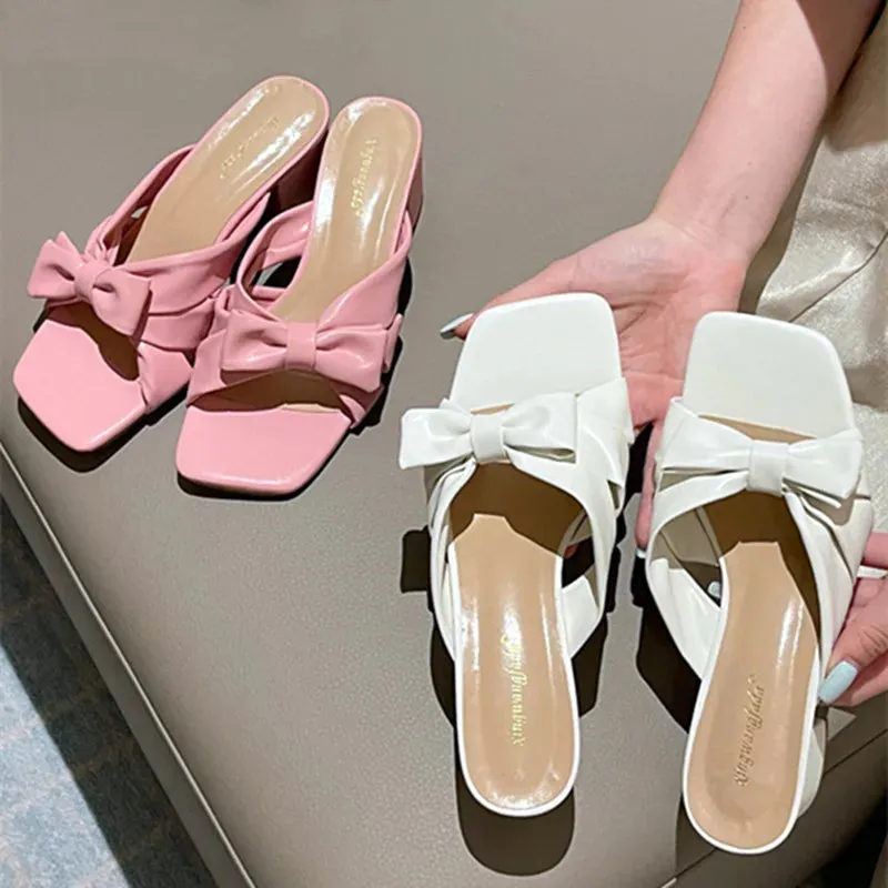 ADVBRIDGE  -  Cute Pink Bow Slippers Women Fashion Square Heel Open Toe Slides Sandals High Quality Patent Leather Cozy Non Slip Summer Shoes