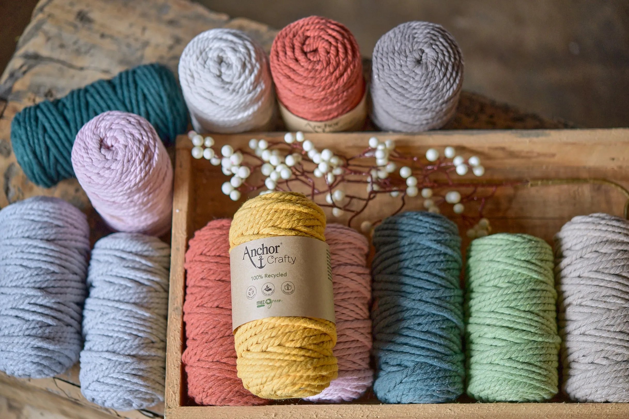 Anchor 5mm 250g 100% Recycled Soft 3-Ply Twisted Eco-Friendly Yarn - Knitting Crocheting Crafts - Various Colours