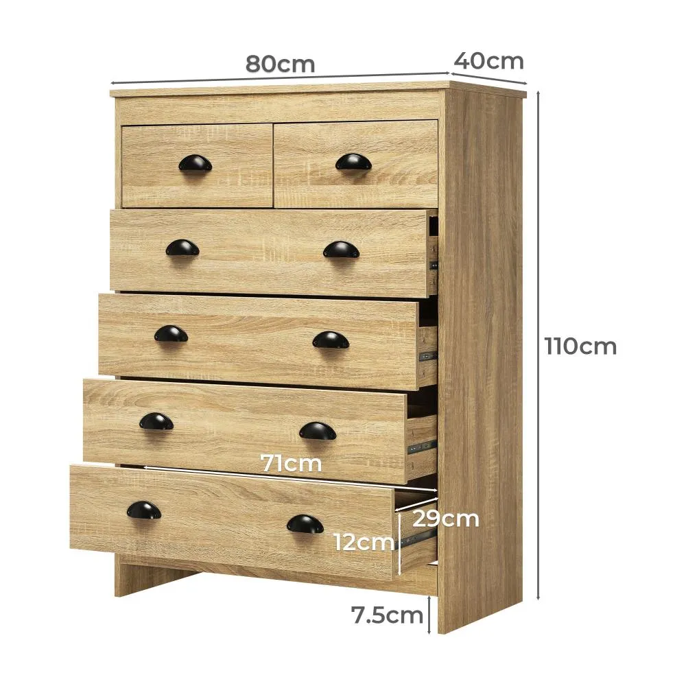 AUDRE Tallboy Chest of Drawer Dresser with 6 Drawers Bedroom Storage Cabinet Natural Wood