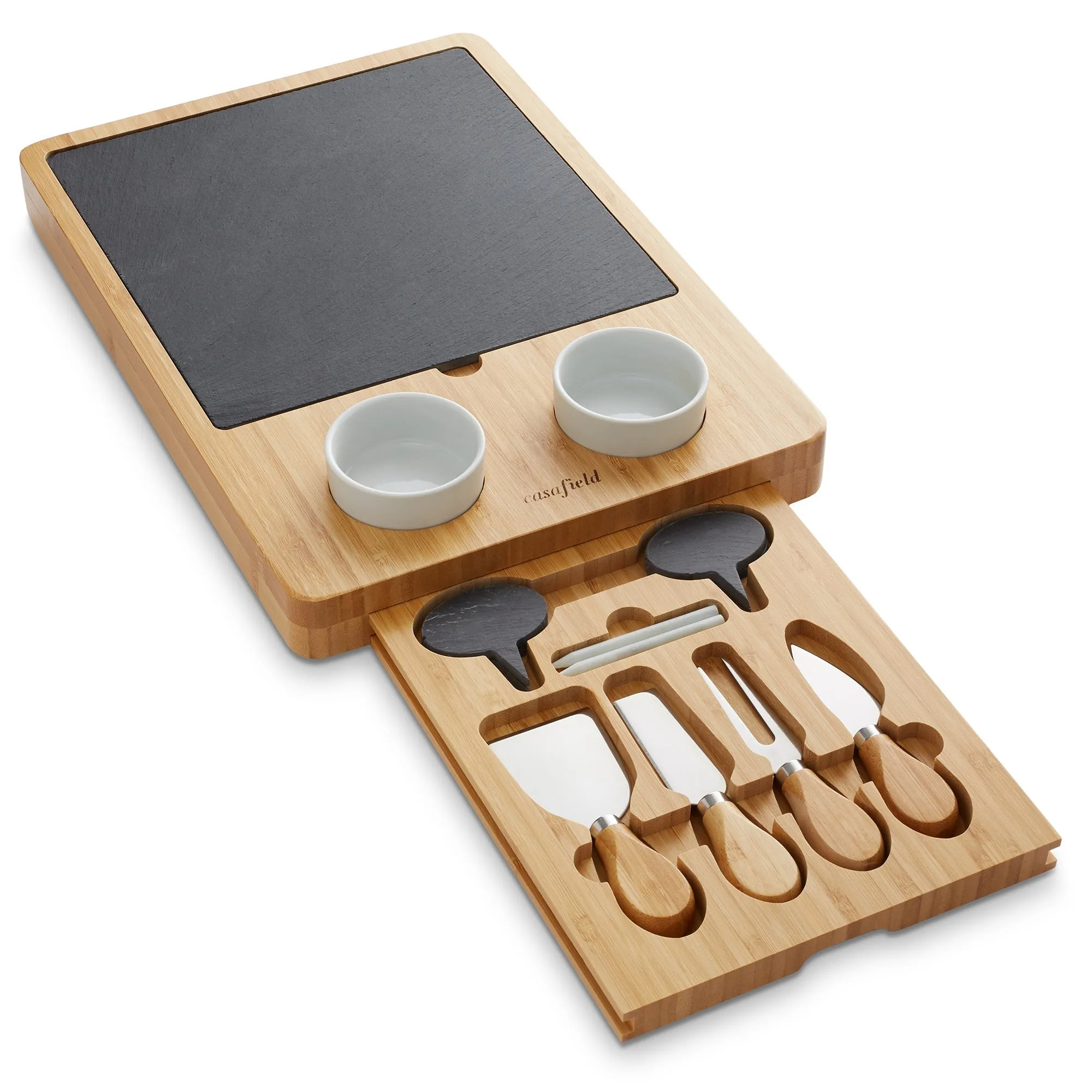Bamboo Cheese Board Gift Set with Slate Tray, 4 Knives, 2 Dip Bowls - Natural