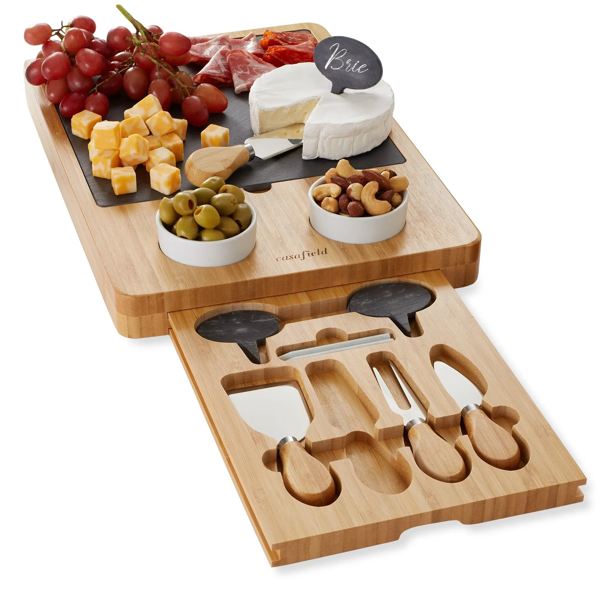 Bamboo Cheese Board Gift Set with Slate Tray, 4 Knives, 2 Dip Bowls - Natural