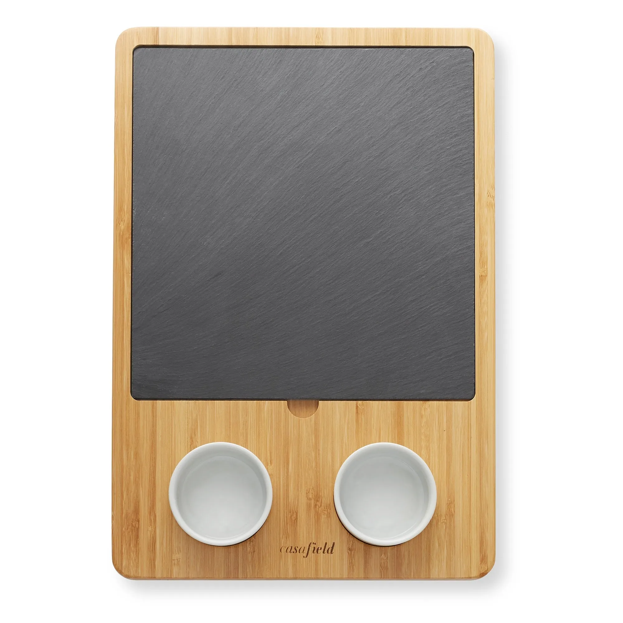 Bamboo Cheese Board Gift Set with Slate Tray, 4 Knives, 2 Dip Bowls - Natural