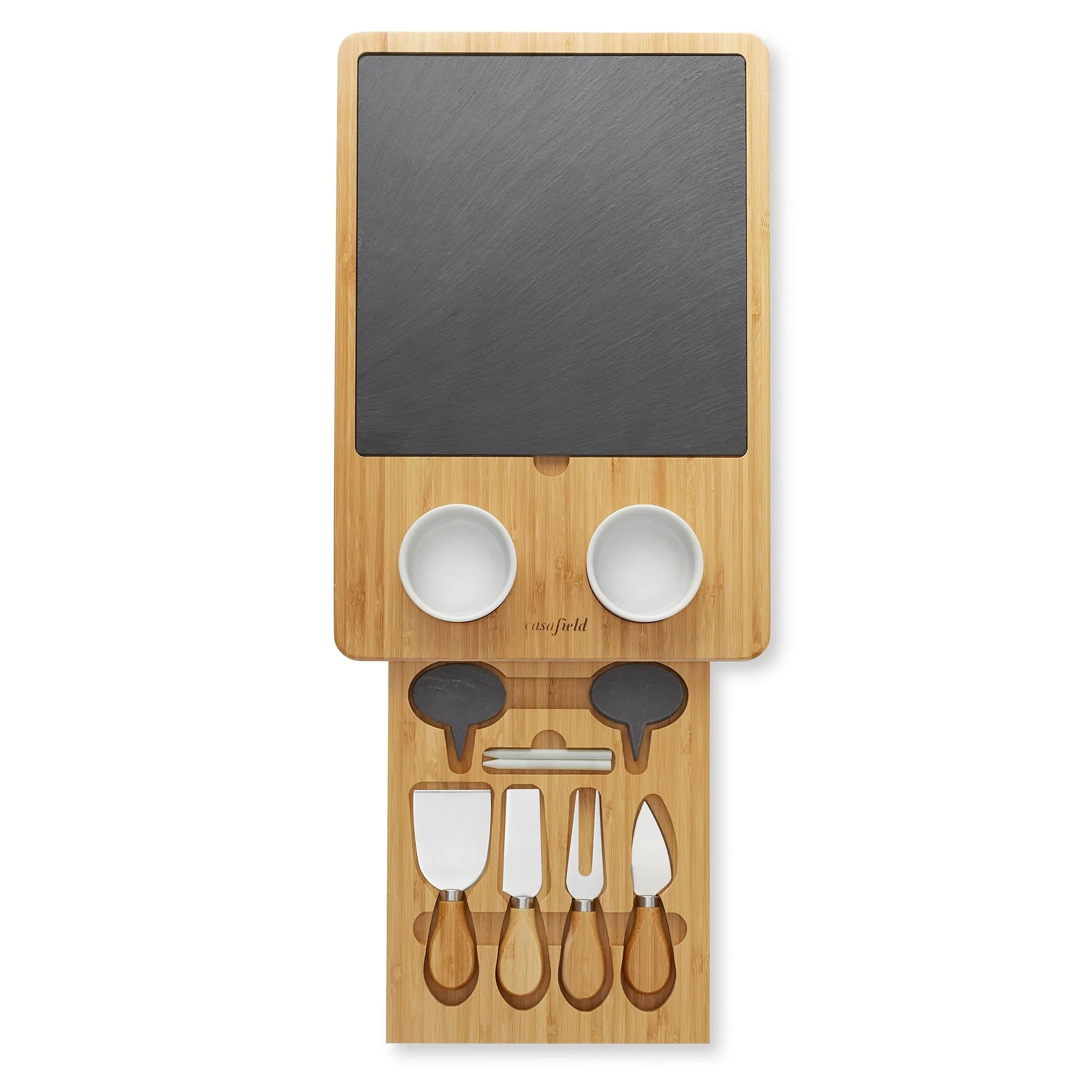 Bamboo Cheese Board Gift Set with Slate Tray, 4 Knives, 2 Dip Bowls - Natural