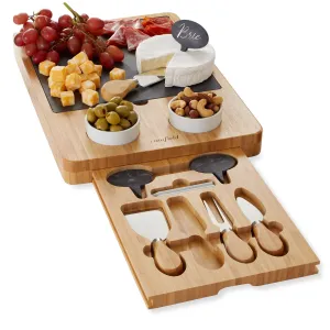 Bamboo Cheese Board Gift Set with Slate Tray, 4 Knives, 2 Dip Bowls - Natural