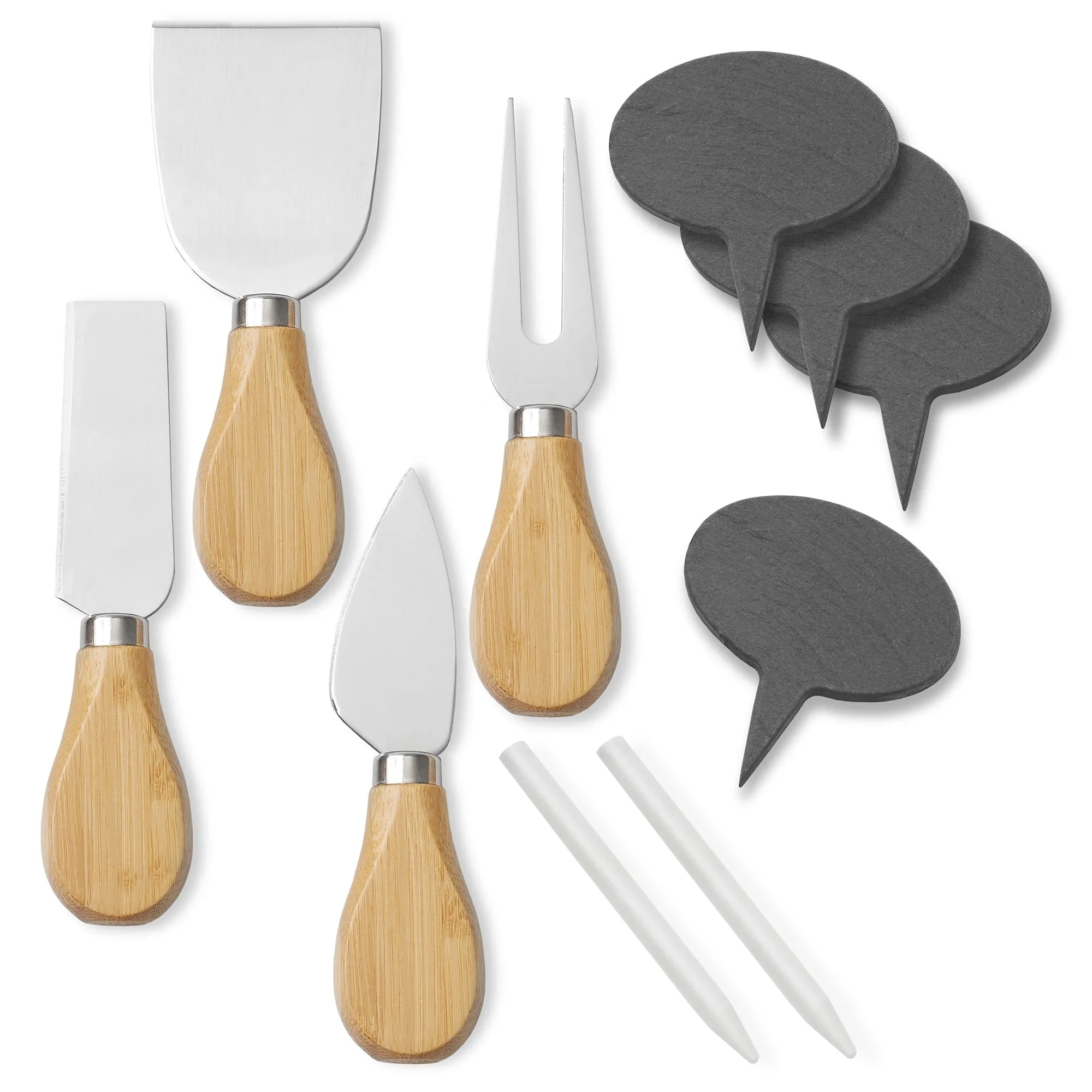 Bamboo Cheese Board Gift Set with Slate Tray, 4 Knives, 2 Dip Bowls - Natural
