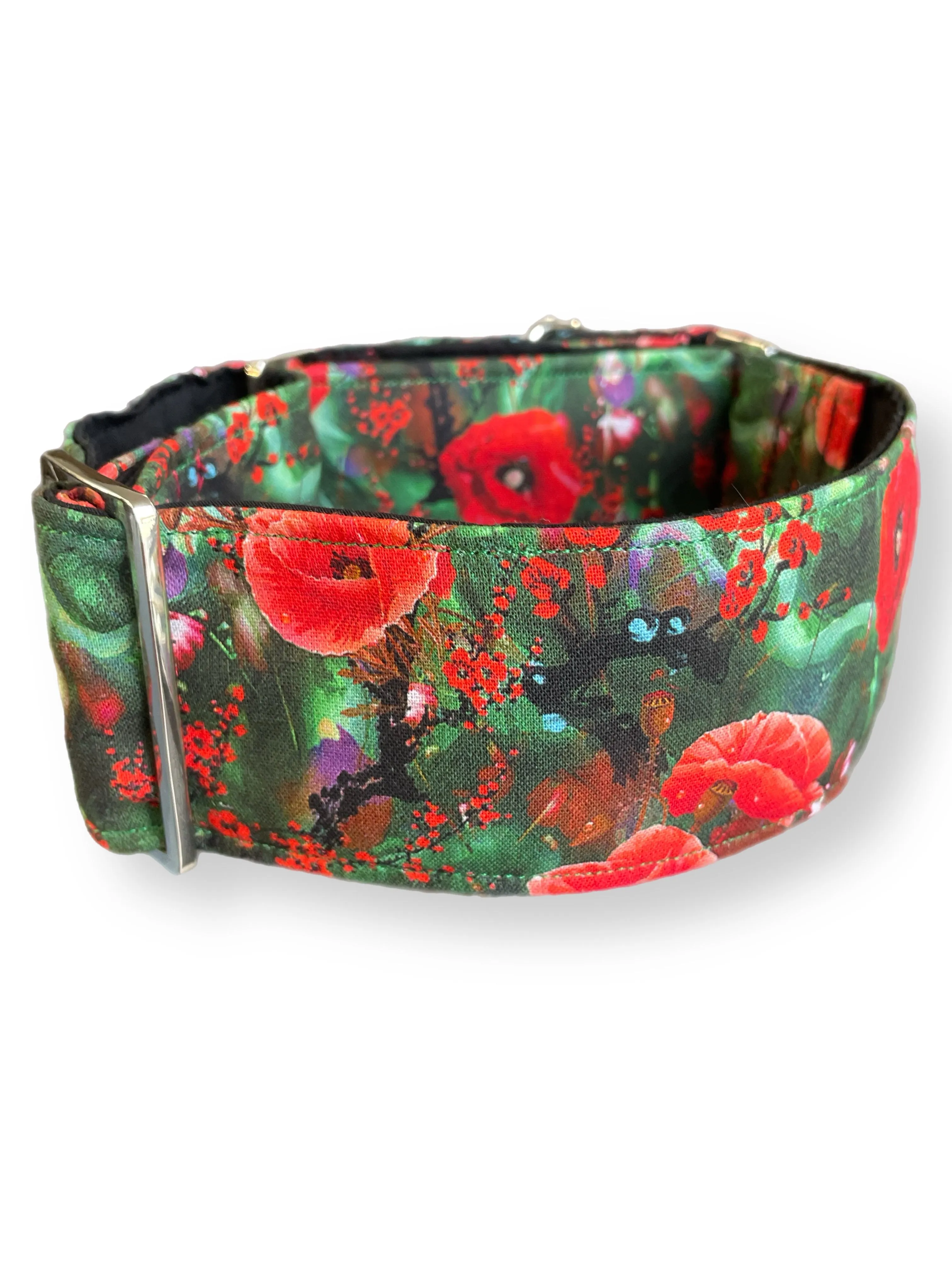 Beautiful red poppies on lush green greyhound Martingale collar cotton covered 50mm & 38mm super soft