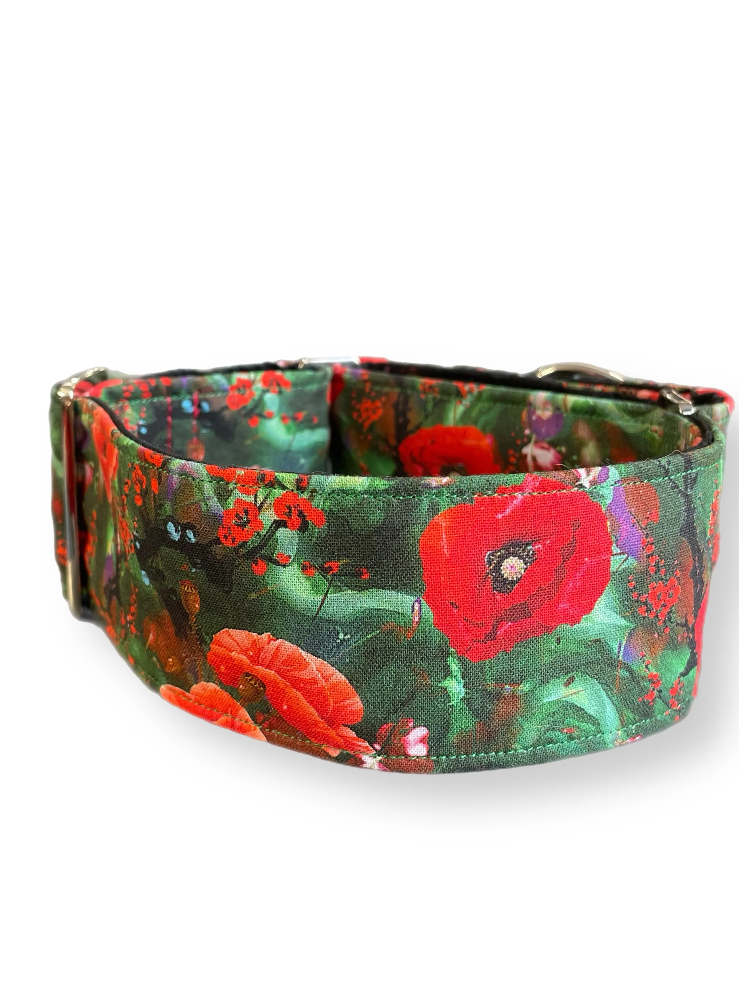 Beautiful red poppies on lush green greyhound Martingale collar cotton covered 50mm & 38mm super soft
