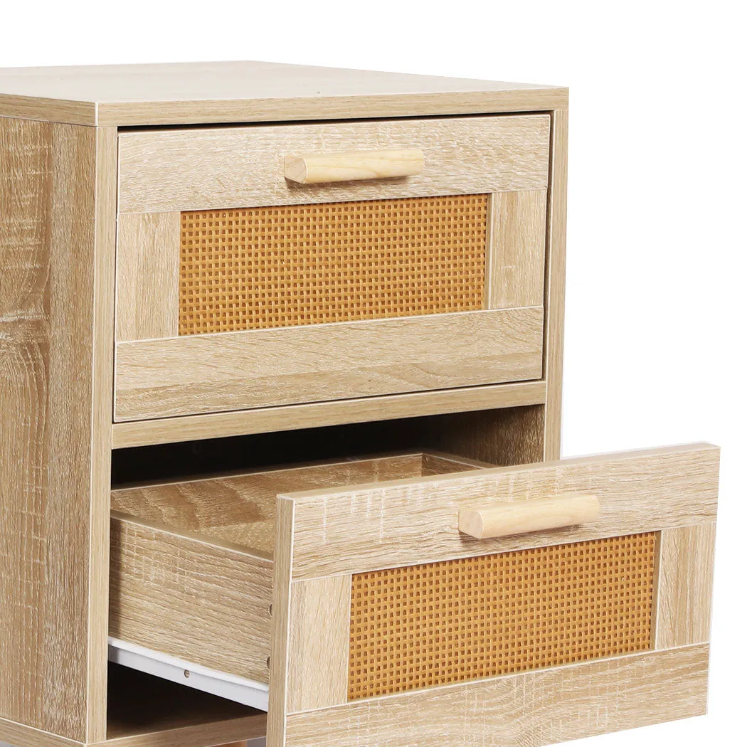 Bedside Tables Rattan Wood Drawers Nightstand Storage Cabinet Bedroom