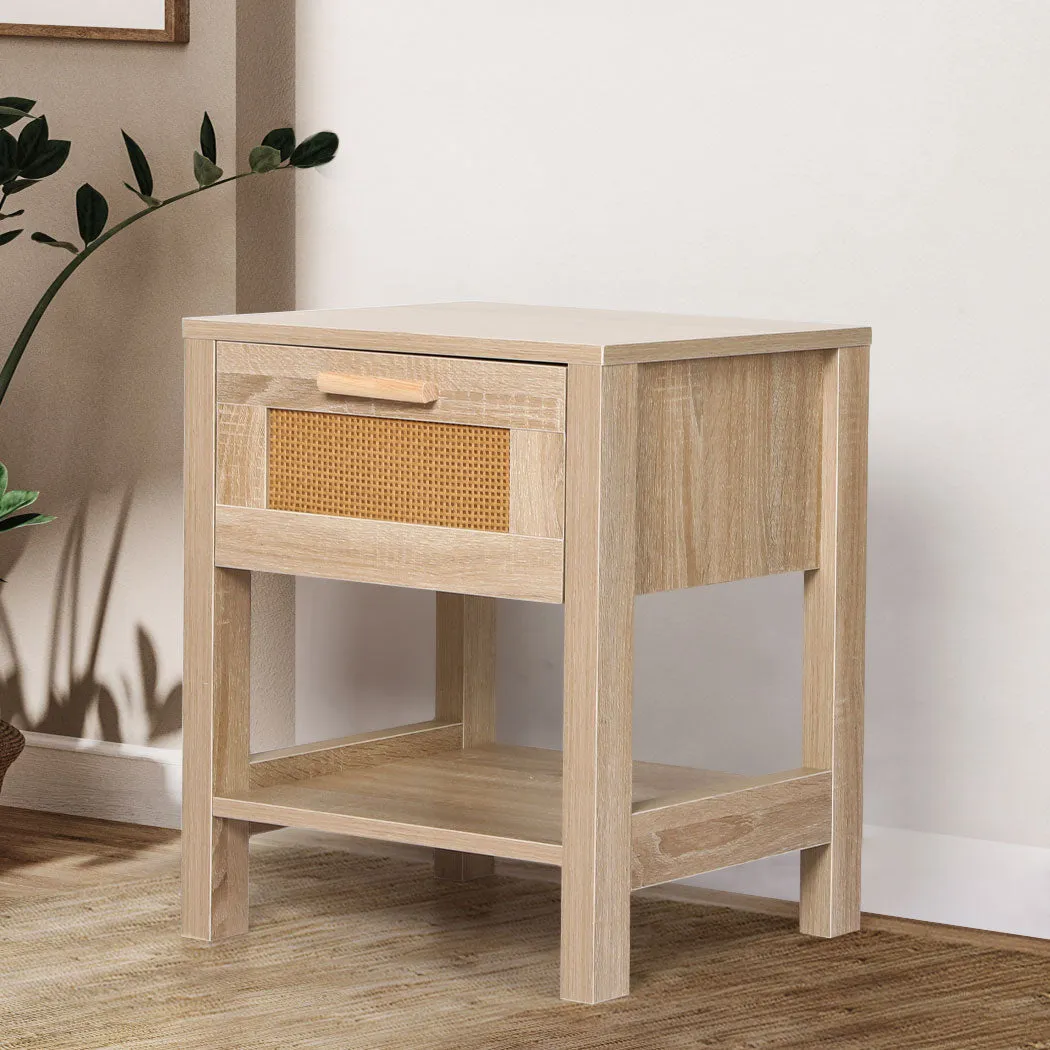 Bedside Tables Rattan Wood Drawers Nightstand Storage Cabinet Bedroom
