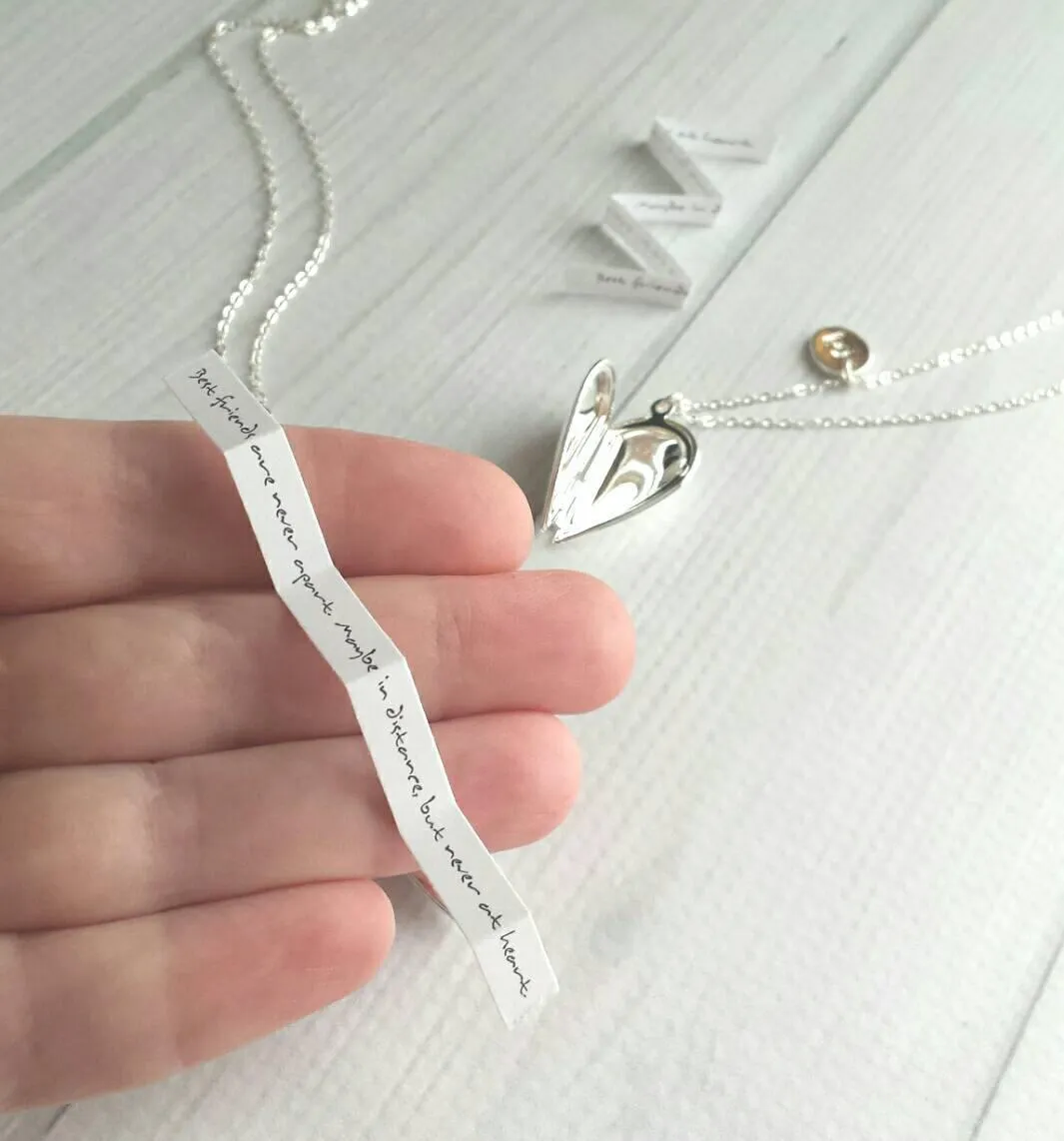 Best Friend Necklace - silver heart locket/quote saying/silver initial letter monogram charm pendant - love gift sister mother daughter