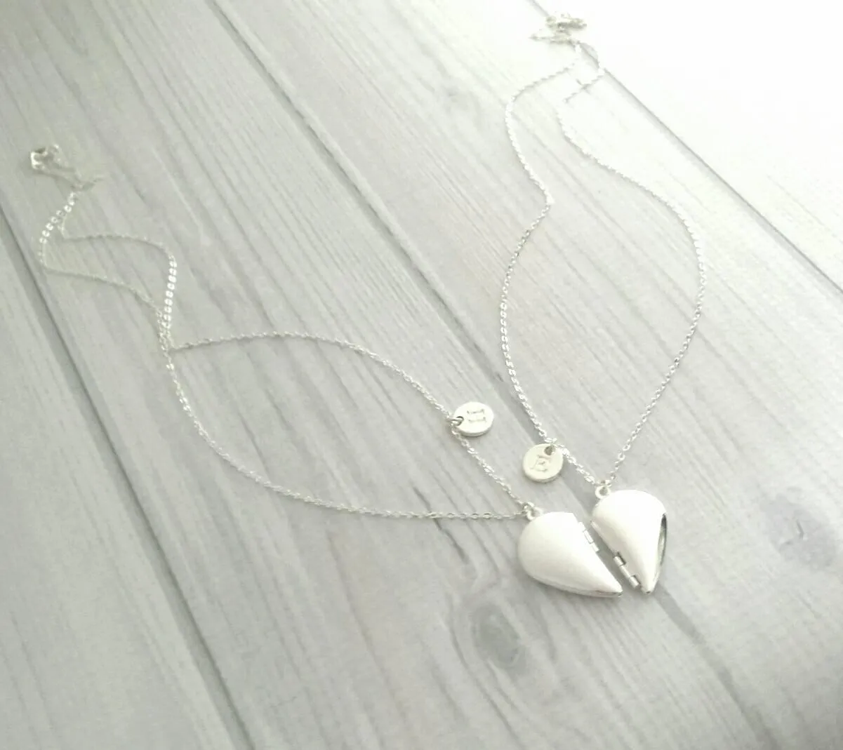 Best Friend Necklace - silver heart locket/quote saying/silver initial letter monogram charm pendant - love gift sister mother daughter