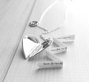 Best Friend Necklace - silver heart locket/quote saying/silver initial letter monogram charm pendant - love gift sister mother daughter