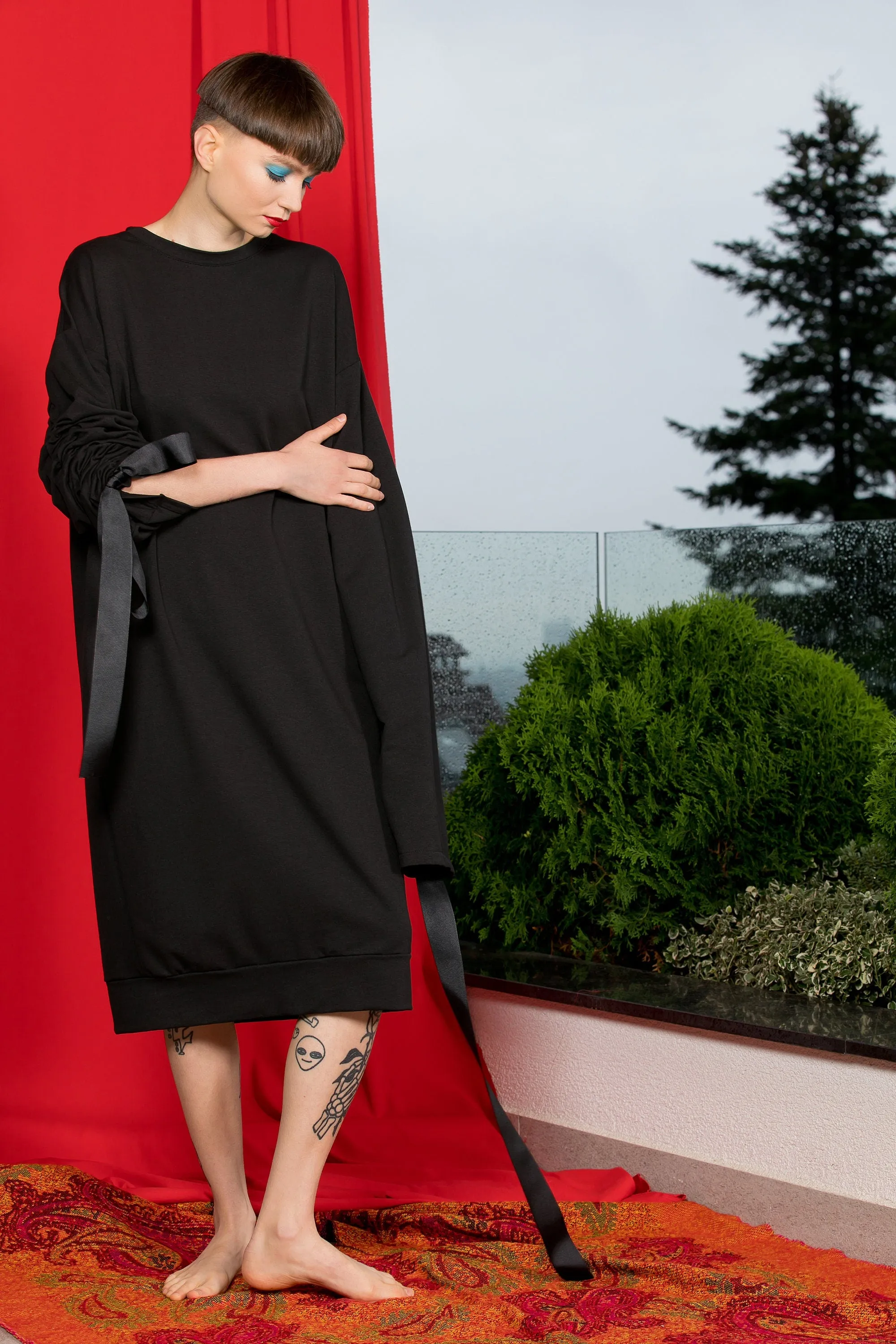 Black Loose Dress, Dark Fashion, Plus Size Clothing, Gathered Sleeves Dress, Avant Garde Clothing, Winter Dress, Gothic Dress, Oversize