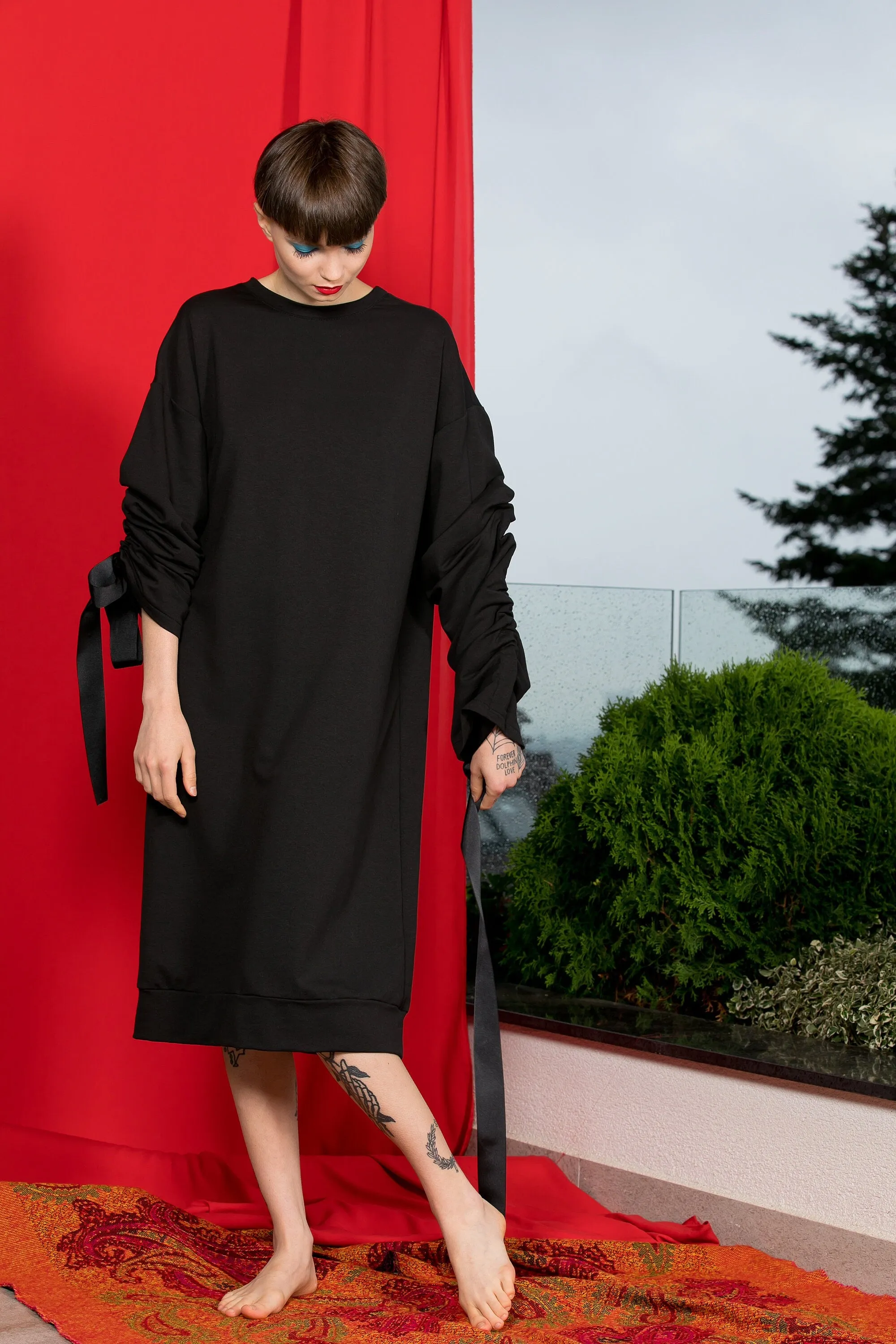 Black Loose Dress, Dark Fashion, Plus Size Clothing, Gathered Sleeves Dress, Avant Garde Clothing, Winter Dress, Gothic Dress, Oversize