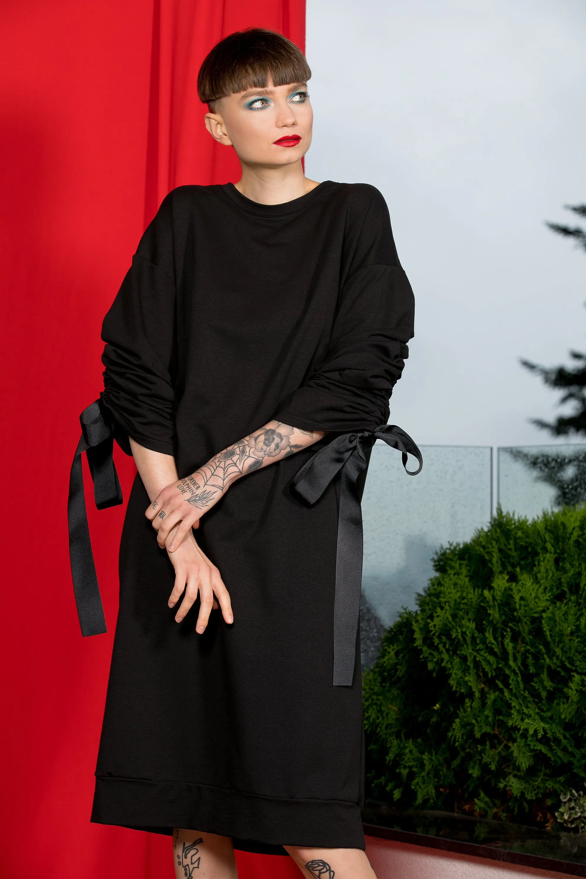 Black Loose Dress, Dark Fashion, Plus Size Clothing, Gathered Sleeves Dress, Avant Garde Clothing, Winter Dress, Gothic Dress, Oversize