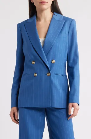 Blue 2 Piece Business Casual Double Breasted Peak Lapel Striped Women's Suit