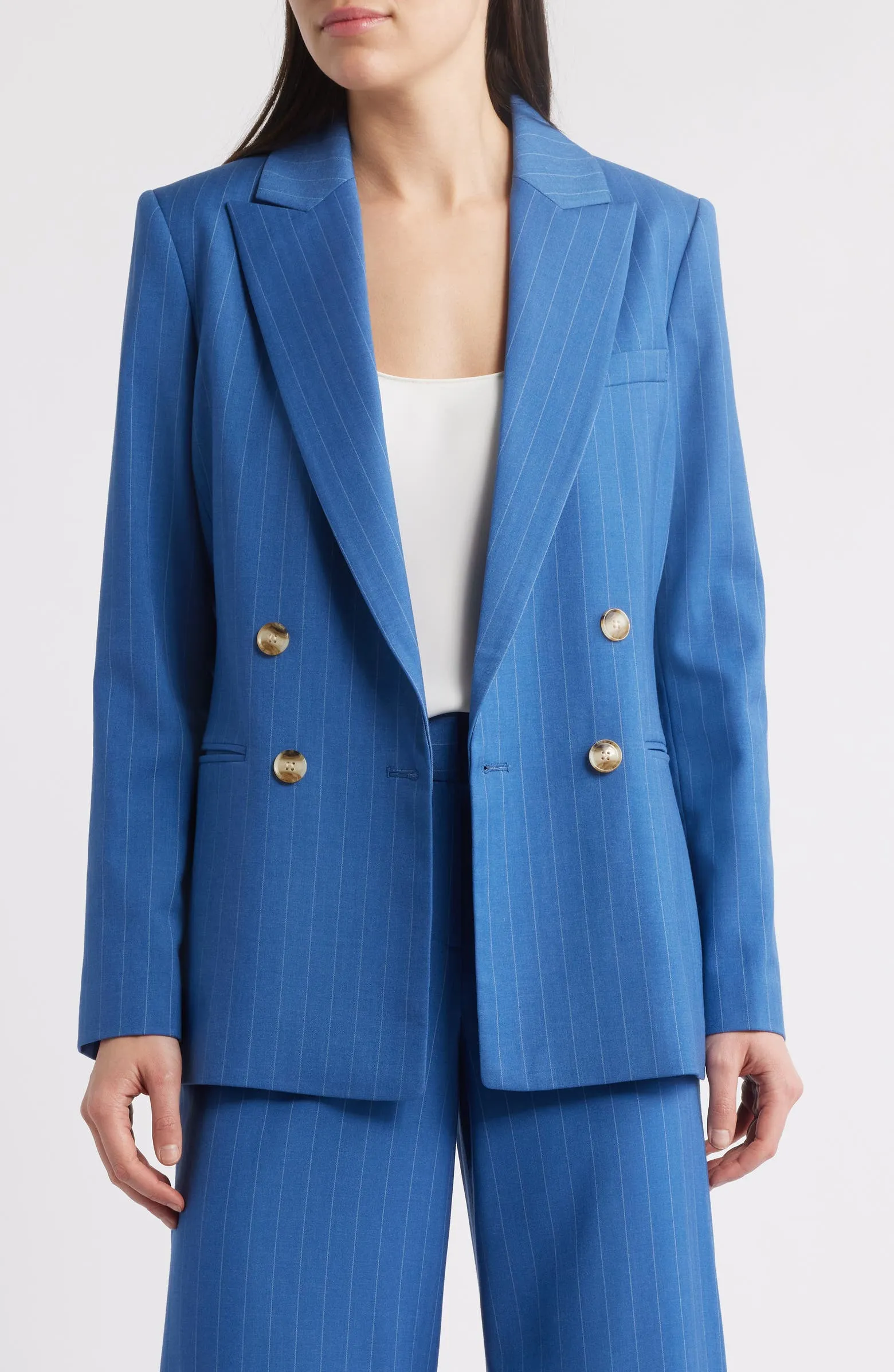 Blue 2 Piece Business Casual Double Breasted Peak Lapel Striped Women's Suit