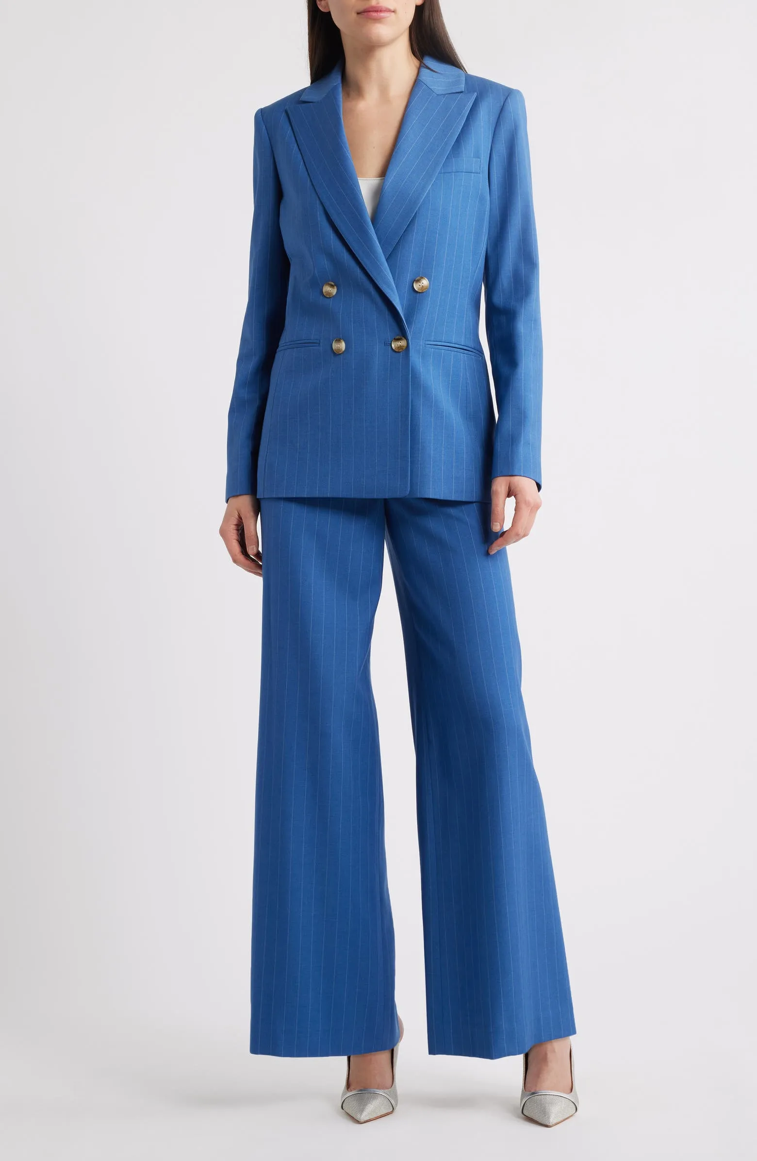 Blue 2 Piece Business Casual Double Breasted Peak Lapel Striped Women's Suit