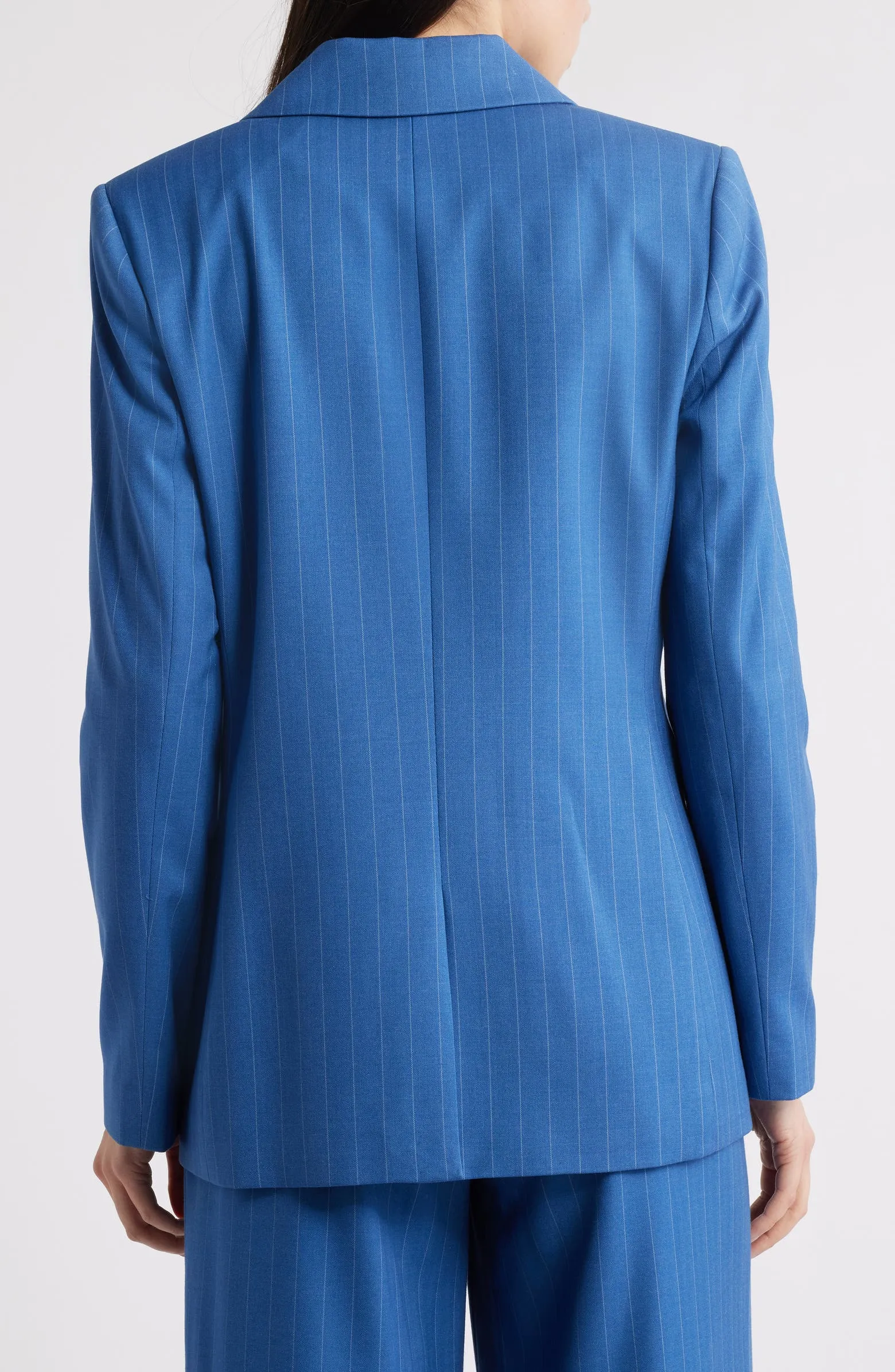 Blue 2 Piece Business Casual Double Breasted Peak Lapel Striped Women's Suit