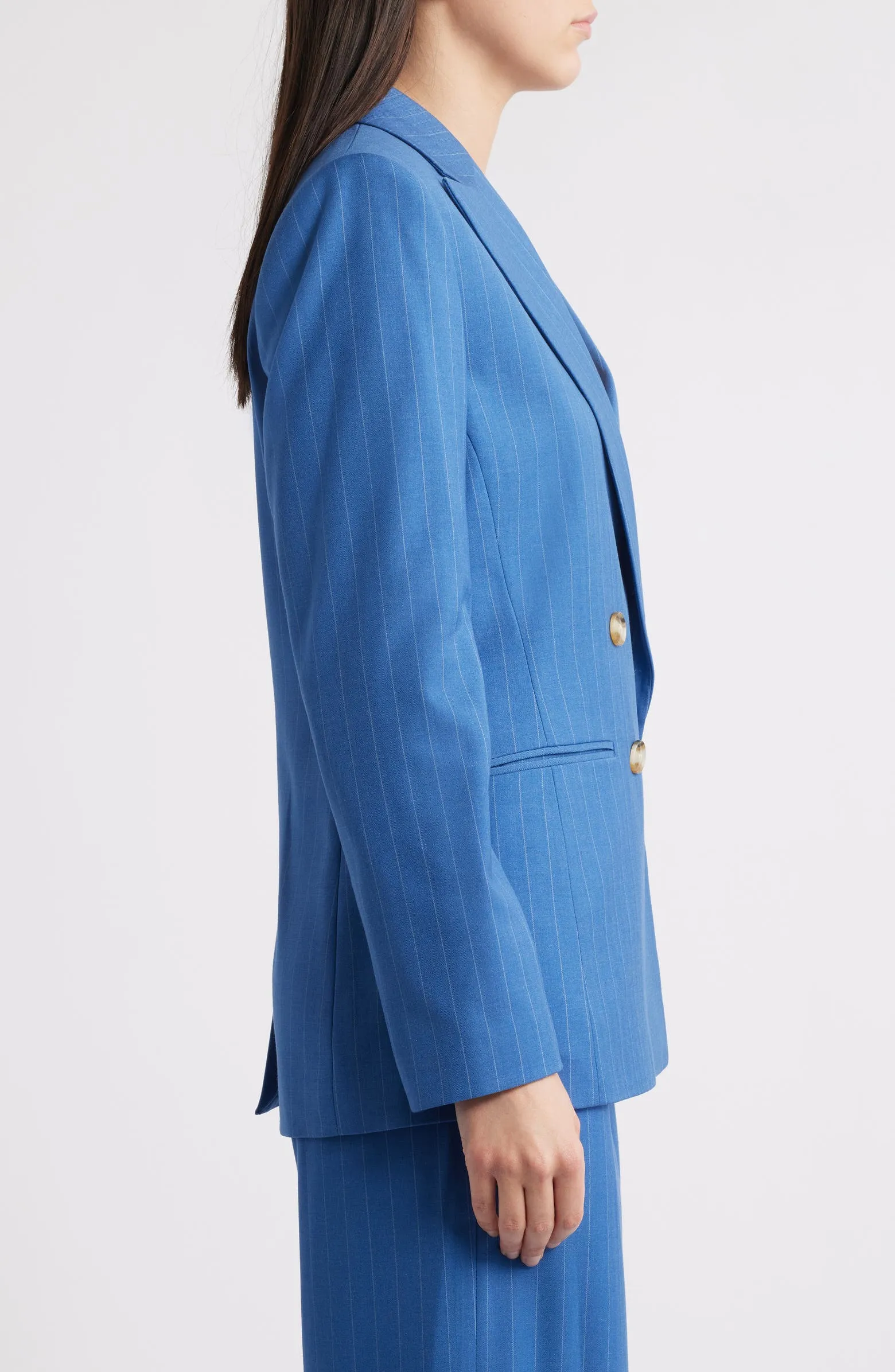 Blue 2 Piece Business Casual Double Breasted Peak Lapel Striped Women's Suit