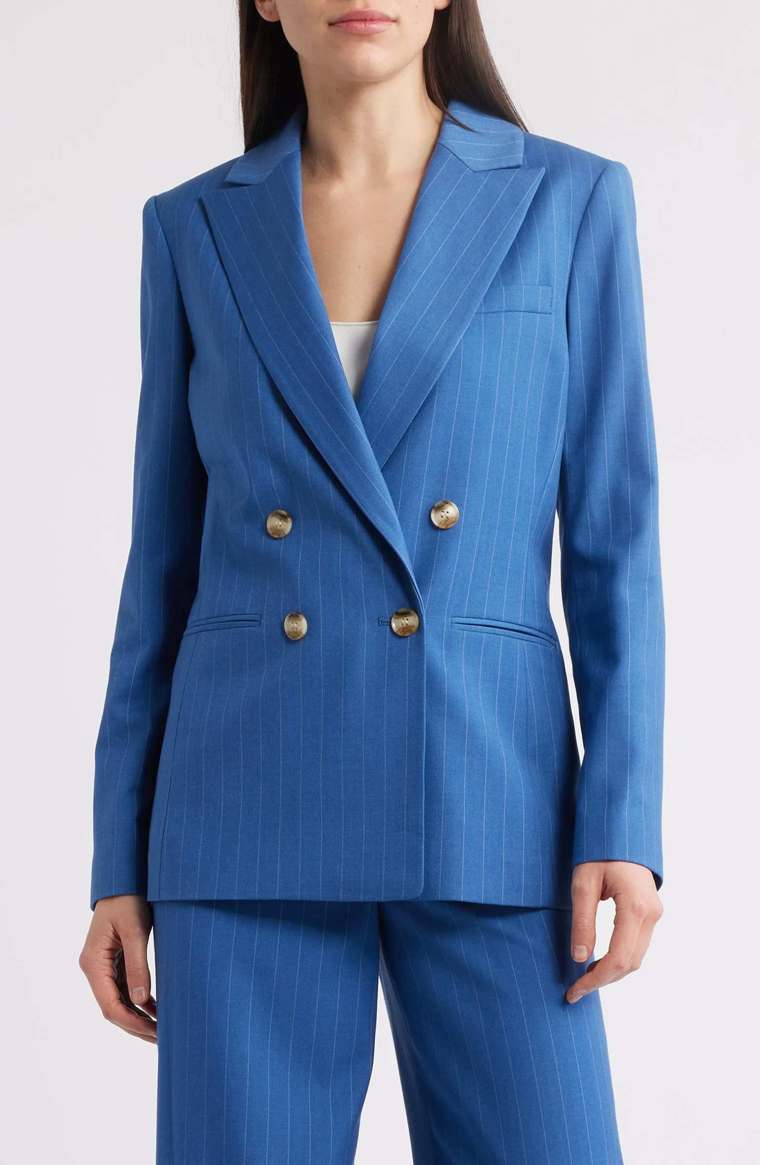Blue 2 Piece Business Casual Double Breasted Peak Lapel Striped Women's Suit