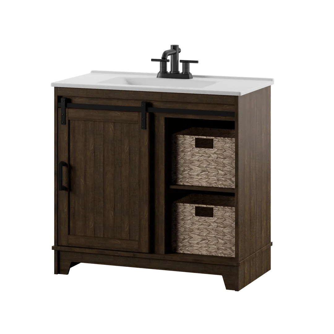 Braylen Sliding Barn Door 36" Single Bathroom Vanity Set Sand & Stable™ Base Finish: Saw Cut Espresso