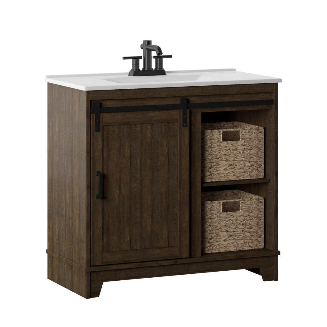 Braylen Sliding Barn Door 36" Single Bathroom Vanity Set Sand & Stable™ Base Finish: Saw Cut Espresso