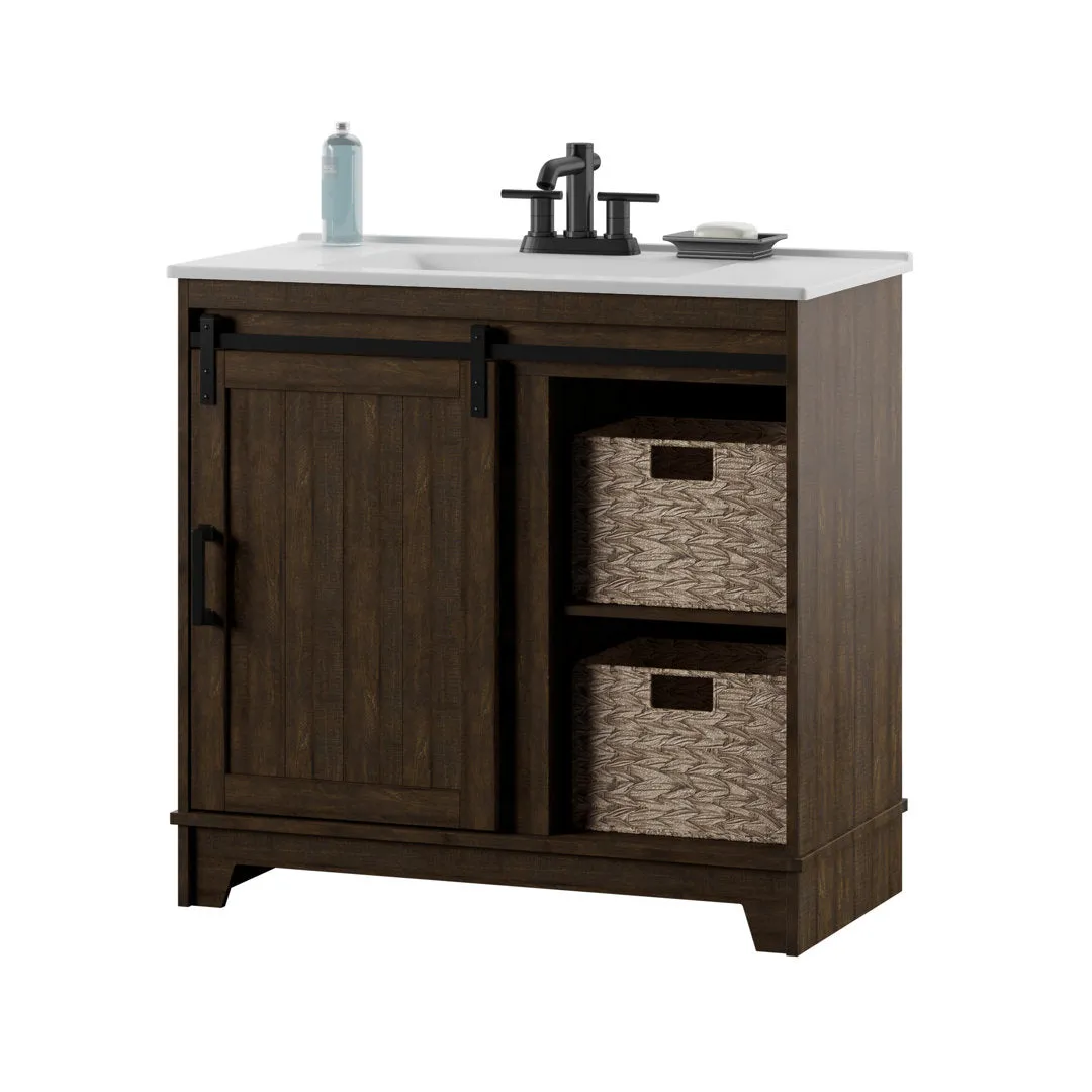 Braylen Sliding Barn Door 36" Single Bathroom Vanity Set Sand & Stable™ Base Finish: Saw Cut Espresso