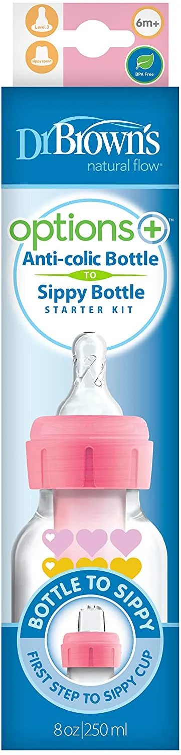 [Bundle of 2] Dr Brown's 8 oz/250 ml PP Narrow-Neck "Options " Transition Bottle W/ Sippy Spout - Pink (1-Pack)
